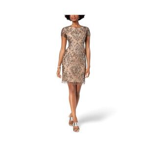 Adrianna Papell Tan and Silver Embroidered Mini Dress